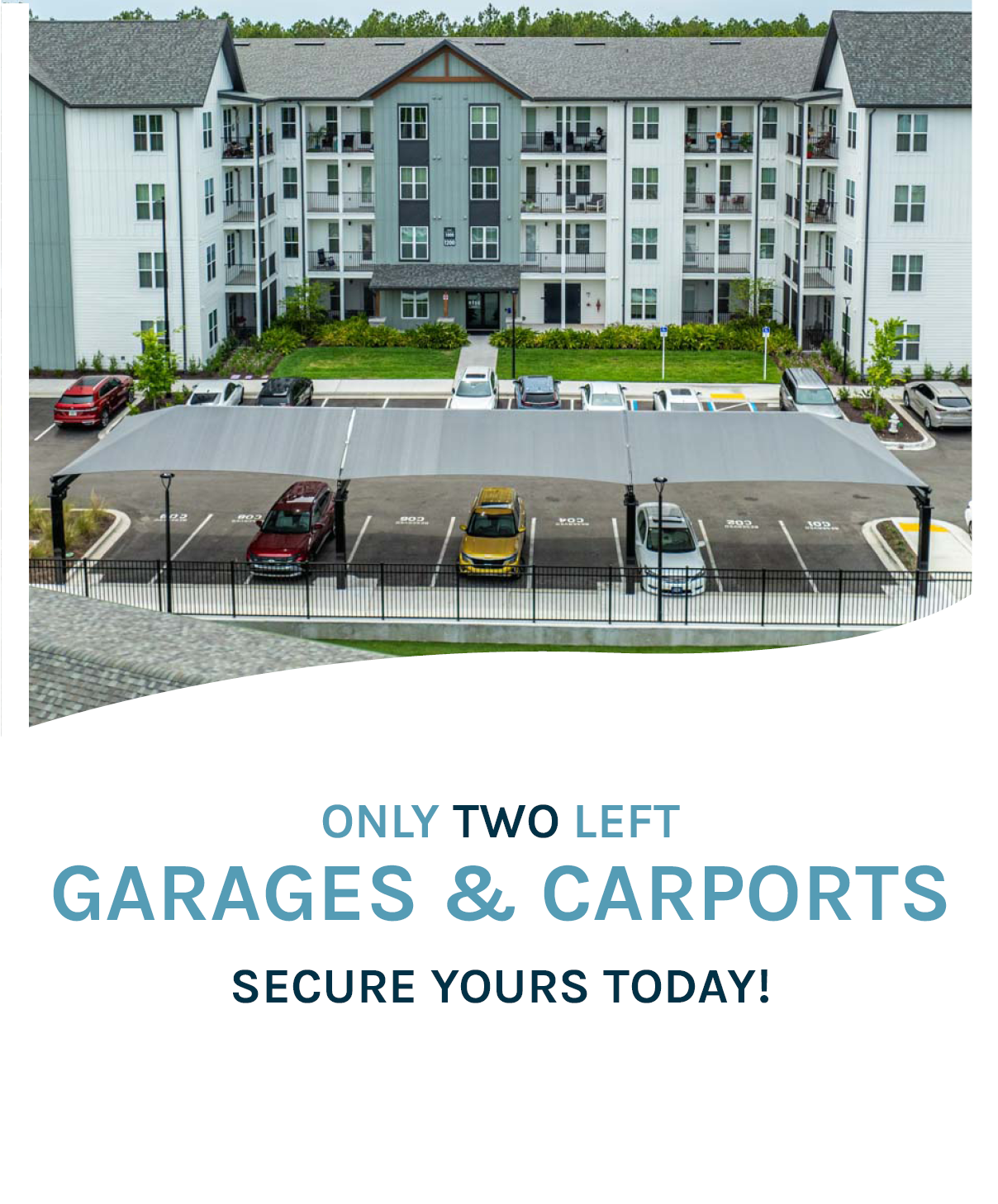 Modern apartment complex with available garages and carports. Only two left, secure yours today!