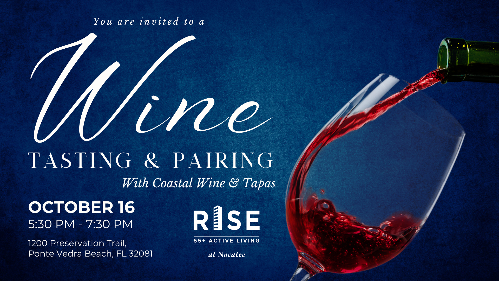 Invitation to a wine tasting and pairing event with Coastal Wine & Tapas, October 16, Ponte Vedra Beach.